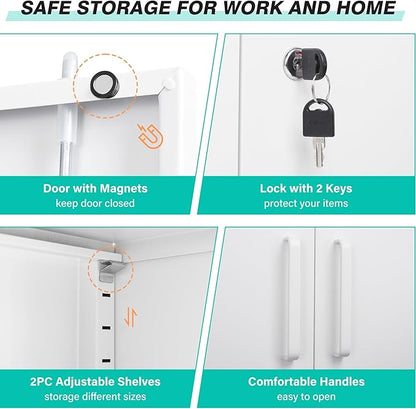 SISESOL 36 inch Storage Cabinet with Doors and Shelves,White Metal Storage Cabinet,Small Locking Metal Cabinets,Short Steel Counter Cabinets with Lock for Garage Home Office Pantry