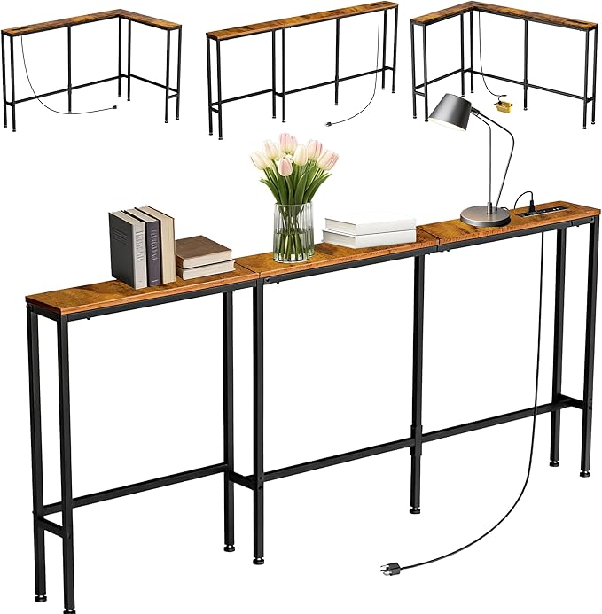 78" Narrow Console Sofa Table with Power Outlets & 2 USB Ports, L Shaped Behind Couch Table Skinny, 3 Assembly Options Entryway Tables with Charging Station for Living Room, Hallway, Brown, 78IN