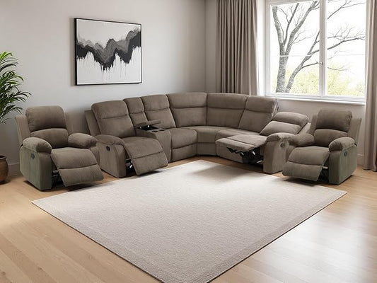 5PCS Brown Manual Reclining Sectional Sofa Set with Cup Holders,Living Room Furniture Set,Corduroy Sectional Couches and 2 Recliner Chairs with 5 Recliner Seats,Drop-Down Table,Storage Console