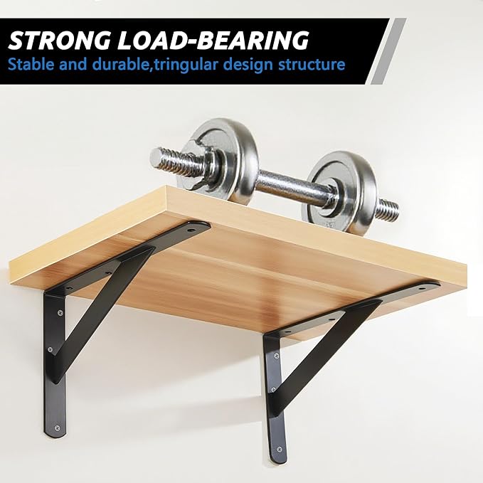 10 Pack L 8" x H 5" Heavy Duty Shelf Brackets with Screws Open Floating Shelving Bracket L Brackets Black Metal Shelf Brackets for Shelves, Room, Pantry,Garage