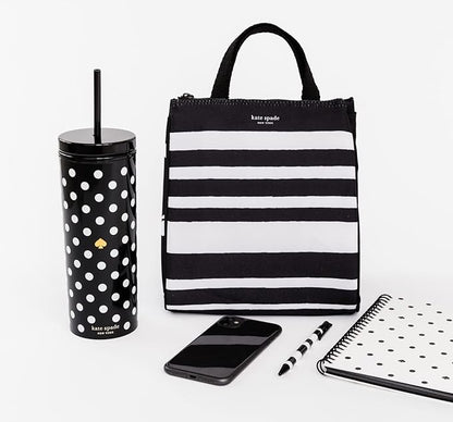 kate spade new york Portable Soft Cooler Lunch Bag, Thermal Tote with Insulated Interior Lining and Storage Pocket, Lunch Tote for Women, Sarah Stripe (Black/White)