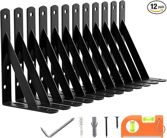 12-Pack 7 Inch Heavy Duty Shelf Brackets, Large Floating Wall Bracket for Garage Storage Shelves, Black Powder-Coated Finish, Load Capacity 800lbs