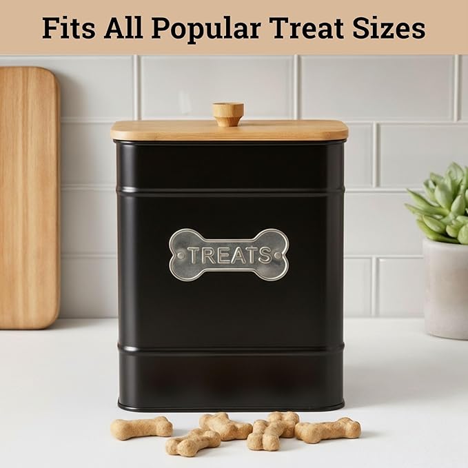 Dog Treat Container Airtight - 6 Inch Wide x 8 Inch Tall Iron Dog Treat Jar for Kitchen Counter with Airtight Bamboo Lid - 12 Cup Capacity Pet Treat Container - Doggie Cookie Jar - Big Treats Canister