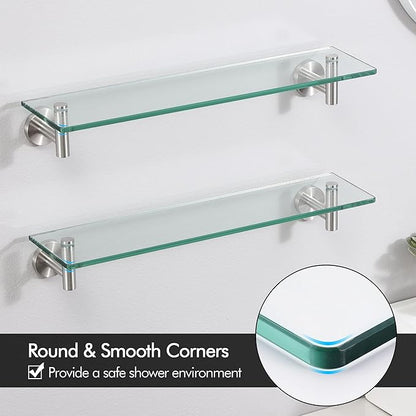 KES Glass Shelf for Bathroom, Floating Glass Shelves for Wall, 20 Inch Tempered Glass Shelf 2 Pack with Rustproof Stainless Steel Brackets Wall Mounted Brushed Finish, A2021-2-P2