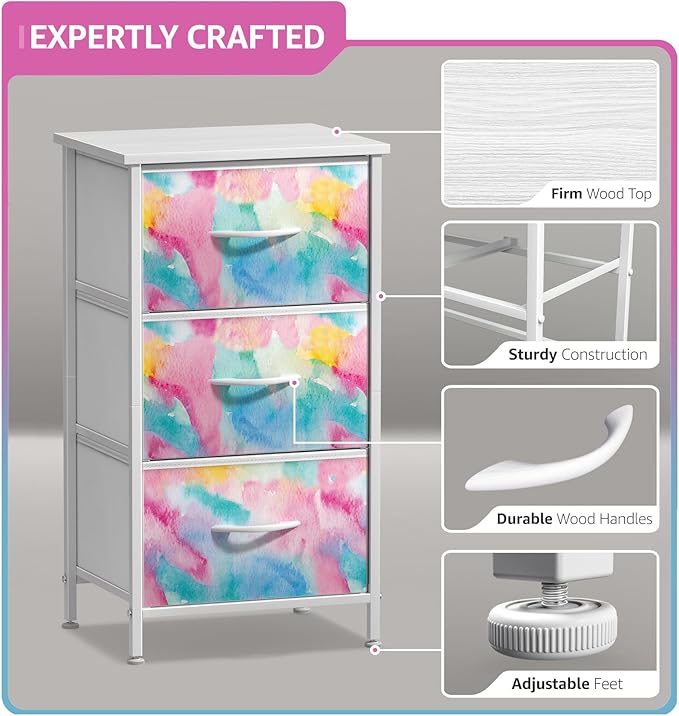Sorbus Nightstand with 3 Drawers - Bedside Furniture & Accent End Table Chest for Home, Bedroom Accessories, Office, College Dorm, Steel Frame, Wood Top, Pastel Fabric Bins