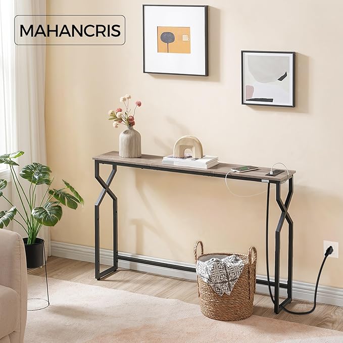 Console Sofa Table, 44.9" Entryway Table with Charging Station, Narrow Couch Table, Hallway Table, Sofa Table with USB Ports, Metal Frame, for Entrance, Living Room, Greige CTHG113E01