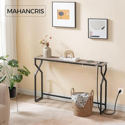 Console Sofa Table, 44.9" Entryway Table with Charging Station, Narrow Couch Table, Hallway Table, Sofa Table with USB Ports, Metal Frame, for Entrance, Living Room, Greige CTHG113E01