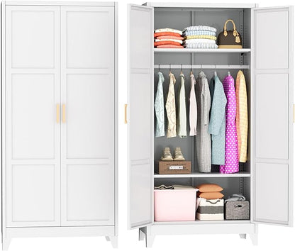 Bonusall 71" Metal Wardrobe,Steel Wardrobe Closet with Hanging Rod & Adjustable Shelves,Metal Storage Cabinet with 2 Doors, Decorative Metal Closet with Handles for Bedroom,Home Office Entryway