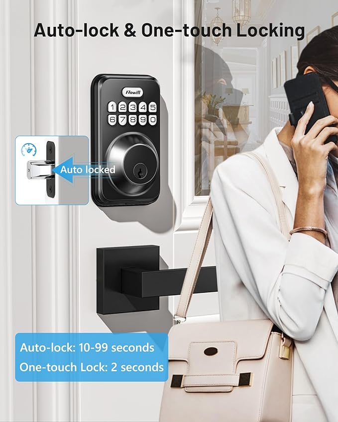 Zowill Keyless Entry Door Lock with 2 Lever Handles, Zowill Electronic Keypad Deadbolt, Auto-Locking, Anti-Peeping Password, Digital Code Door Lock, Front Door Handle Sets, Matte Black