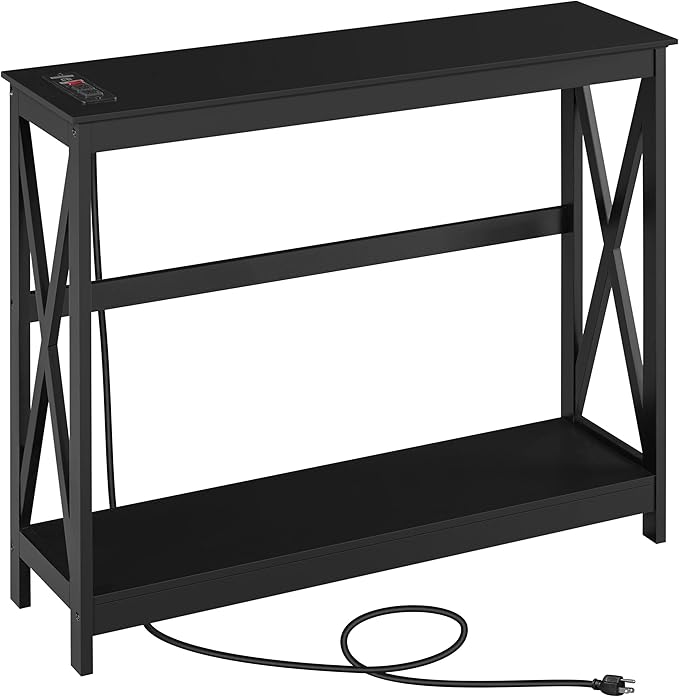 Yaheetech Console Table with Outlets and USB Ports, Entryway Table with Storage Shelves, Sofa Table Narrow Long with X Design for Living Room, Hallway, Foyer, Black