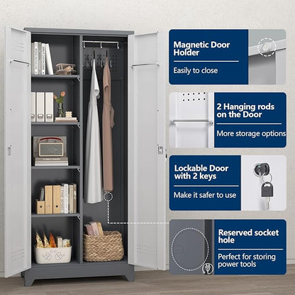 72.8" H Metal Garage Storage Cabinets with Doors and Shelves, Broom Closet Storage Cabinet, Tool Cabinets with Hanging Rod, Cleaning Storage Cabinets for Garage,Bedroom Office Grey&White
