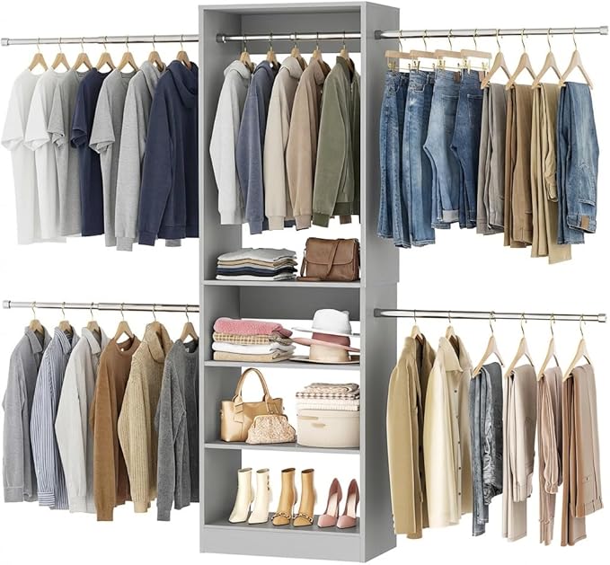 Homieasy Closet Organizer System, 4.5-10ft Modular Wooden Storage with 5 Hanging Rods & Shelving Tower, Adjustable for Walk-in Reach-in Bedroom Closets, Gray