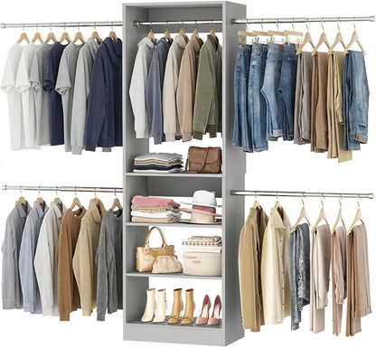 Homieasy Closet Organizer System, 4.5-10ft Modular Wooden Storage with 5 Hanging Rods & Shelving Tower, Adjustable for Walk-in Reach-in Bedroom Closets, Gray