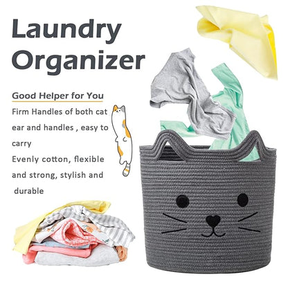 VK VK·LIVING Large Basket for Organizing Cute Animal Storage Baskets Cat Toy Storage Woven Cotton Rope Hamper Organizer for Laundry, Towels, Blanket, Toys, Clothes, Gifts, Pet Bed 15''x14''