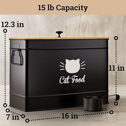 Cat Food Storage Container with Scoop - 15 lb (50 Cup) Capacity Metal Cat Food Container with Airtight Bamboo Lid & Metal Scoop - Airtight Pet Food Storage Containers - 15 lb Treats & Kibble Container