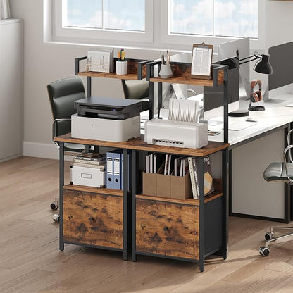 Printer Table with Storage, Home Printer Stand with File Cabinet, Fits A4/Letter Size Files, Printer Cabinet with Large Tabletop, Display Shelf, for Home Office, Rustic Brown PTHR3501