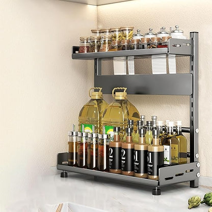 Spice Rack Organizer for Countertop, 2-Tier Height-Adjustable Spice Rack Organizer, Metal Standing Kitchen Counter Organizer with Guardrail & Knife Block for Kitchen Cabinet