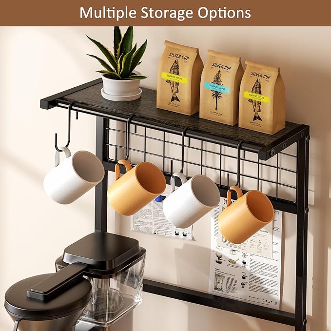 5 Tier Coffee Bar Station, Kitchen Stand with 4 S-Shaped Hooks, Farmhouse Corner Coffee Bar for Small Spaces, Bakers Rack for Kitchen, Entryway, Living Room, 13.43"D x 18.93"W x 53.31"H,Gray