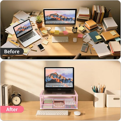 Small Pink Laptop Stand for Desk, Monitor Stand, Office Desk Accessories, Computer Desktop Stand with Drawer for Home, Office, School (Pink)