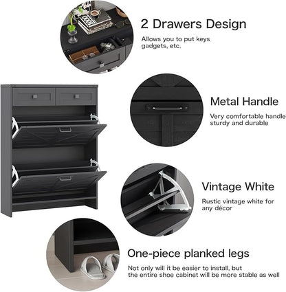 Shoe Cabinet with 2 Flip Drawers & 2 Drawers,Farmhouse Shoe Storage Cabinet for Entryway,Slim Freestanding Narrow Organizer Rack for Front Door Entrance,Black