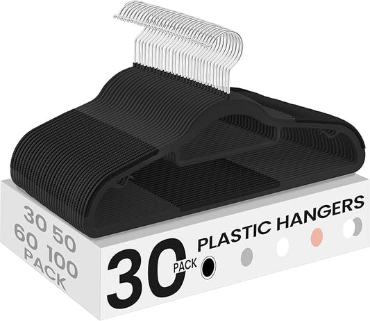 SONGMICS Pack of 30 Coat Hangers, Space-Saving Plastic Clothes Hangers, Non-Slip, 0.2 Inches Slim, 16.5 Inches Wide, 360° Swivel Silver Hook, Black UCRP20BK30
