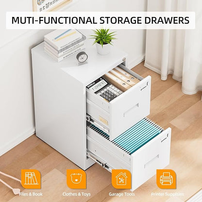 INTERGREAT 2 Drawer File Cabinet, White Metal Filing Cabinet with Lock, Lockable Vertical File Office Cabinet for Hanging Letters/Legal/A4, Assembly Required