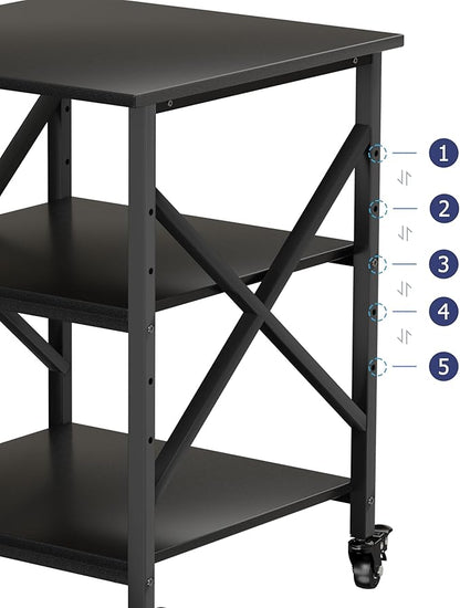 Printer Stand, 23.6 x 23.6 Inches Large Printer Stand with Adjustable Storage Shelf, 3 Tier Printer Table for Home Office, Rolling Printer Cart with Industrial Wheels, Mini Fridge Stand Table, Black