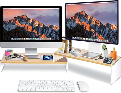 YGYQZ Adjustable Monitor Stand Riser with Acrylic Legs丨7.67" Wide Dual Monitor Stand for Desk丨2-Tier Wood Desktop Organizer for Computer, Laptop, Printer & PC丨Modern Aesthetic Desk Shelf(wood-flat)