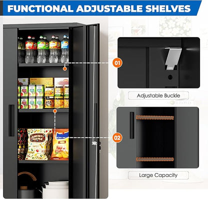 INTERGRAET 63" H Pantry Cabinet, Kitchen Pantry Storage Cabinets with 2 Doors and 4 Shelves,Black Metal Storage Cabinet,Cupboard for Home,Kitchen,Living Room/Dining