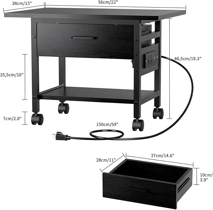 Aetheris Heavy-Duty Printer Stand with Locking Wheels, 2 -Tier Under Desk Table with Storage Drawer, Large Rolling Cart, Printer Table, Fits Printer Scanner Fax Machine (Black)