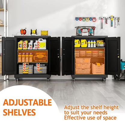 Metal Storage Cabinet with Wheels, 36" Tall Locking Storage Cabinet with 2 Adjustable Shelves, Locking Garage Cabinet, Steel Locker Organizer, for Office, Home, School, Black