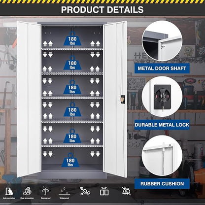 Metal Storage Cabinet-71” Tall Steel File Cabinets with Lockable Doors and Adjustable Shelves-Gray&White Steel Storage Cabinet for Home,Kitchen, School, Office, Garage