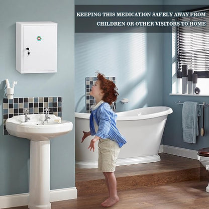 KYODOLED Wall Mount Locking Medicine Cabinet, Large Capacity First Aid Cabinet for Bathroom, Medicine Cabinet with Key, Secure Steel Lock Box for Medication, 15.75" H x 11.82" W x 4.72" D, White