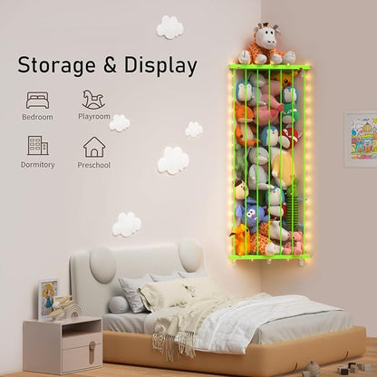 Corner Stuffed Animal Storage Net - Stuffed Animals Holder with LED Lights - Plush Organizer Hanging Stuffed Animal Hammock with Adjustable Length for Wall