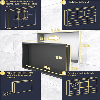 Shower Niche 24"x12"，No Tile Needed，Stainless Steel Niche Bathroom for Shower Wall，Matte Black （ 24 x 12 in）