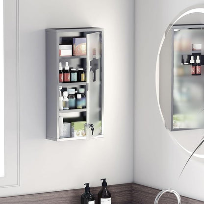 HOMCOM Wall Mounted Medicine Cabinet, Locking Wall Cabinet with 4 Tier Shelves, Stainless Steel Frame and Glass Door, Lockable with 2 Keys, Silver, 12" x 24"