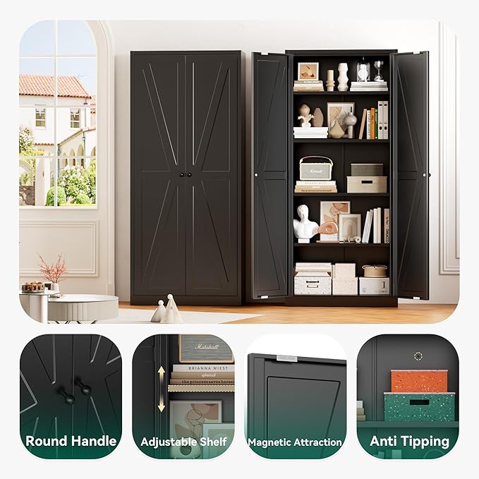 Greenvelly Metal Cabinet, 63" H Black Metal Storage Cabinet with Doors and 4 Shelves, Pantry Storage Cabinet for Kitchen, Bedroom, Living Room, Office (Farmhouse)