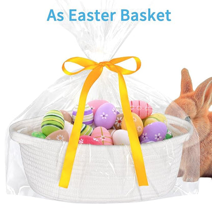 ABenkle Small Basket Empty Gift Basket, Decorative Boho Rope Woven Nursery Storage Organizer Dog Toy Baskets for Baby Showers Christmas Easter with Gift Bags and Ribbons, 12"X 8" X 5"