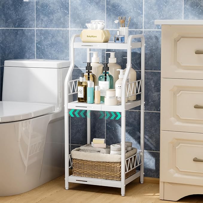 HapiRm Bathroom Shelf Unit Organizer - 3 Tier Expandable Narrow Shelf, Metal Free-Standing Shelves, Open Floor Rack Slim Storage Cabinet, Ideal for Bathroom, Laundry, Kitchen Organization (White)