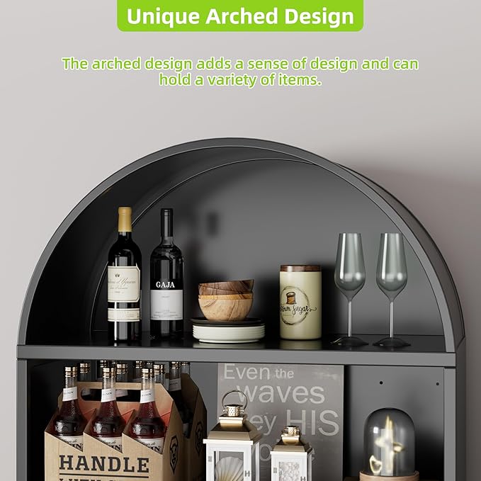 Arched Bookcase with 2 Adjustable Shelves,Black Arched Cabinet for Living Room, Home,Required Assembly,Black,17.7" D x 35.5" W x 78.8" H