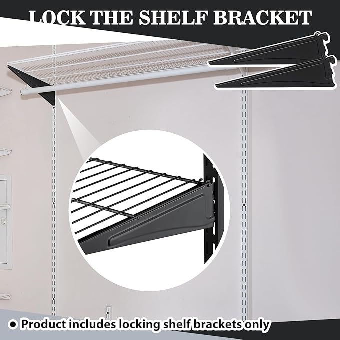 Adjustable Locking Shelf Bracket 16 Inch Shelf Brackets Heavy Duty Wire Shelving Brackets for Deep Wire Shelving Double Track System(Black,6 Pcs)