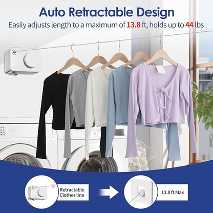 Retractable Clothesline Indoor, Non-Sagging Clothes Line Retracting Outdoors,13.8Ft Heavy Duty Clothes Drying Laundry Line, Wall Mounted Clothesline with 5pcs Hooks (RectangleWhite)