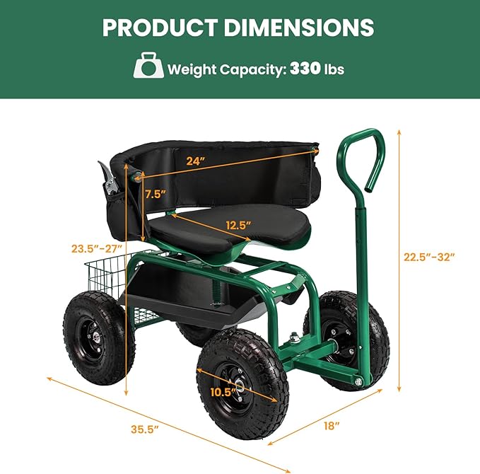 Giantex Rolling Garden Cart, 360 Swivel Workseat with 4 Wheels, Removal Cushion & Tool Tray, Storage Basket, Gardening Wagon Scooter with Adjustable Height, Handle (Green)