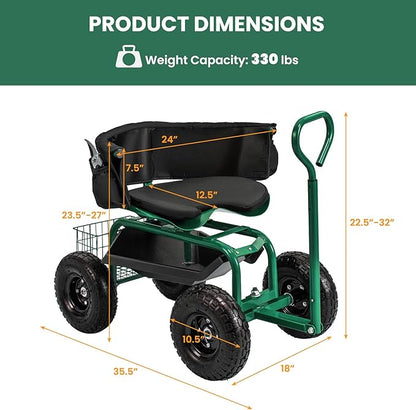 Giantex Rolling Garden Cart, 360 Swivel Workseat with 4 Wheels, Removal Cushion & Tool Tray, Storage Basket, Gardening Wagon Scooter with Adjustable Height, Handle (Green)