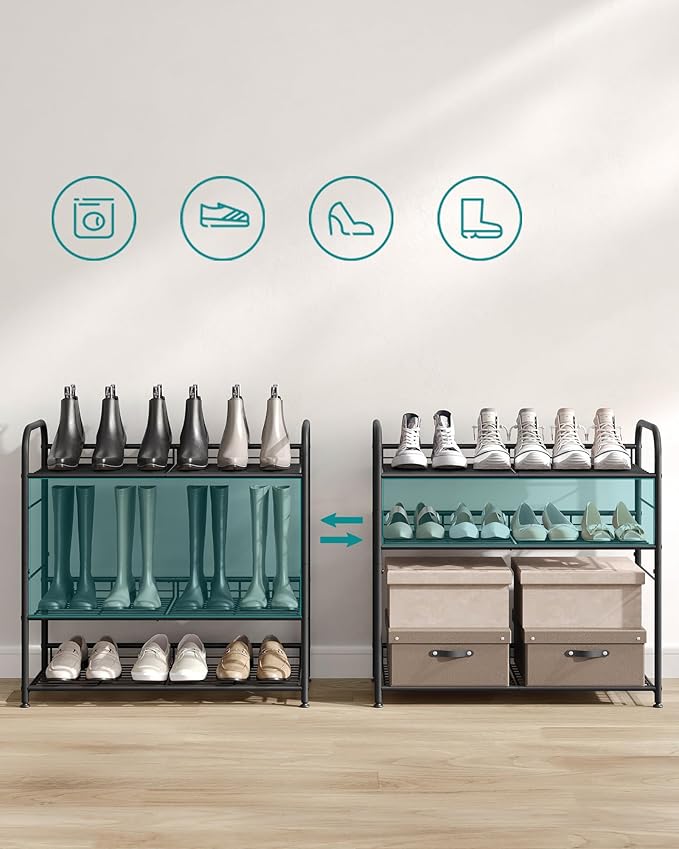 SONGMICS 4 Tier Shoe Rack, Stackable Storage Rack, Up to 16 Pairs, Metal, 68.5 x 27.5 x 65 cm, for High Heels, Sneakers, Slippers, in Entrance, Black LMR067B01