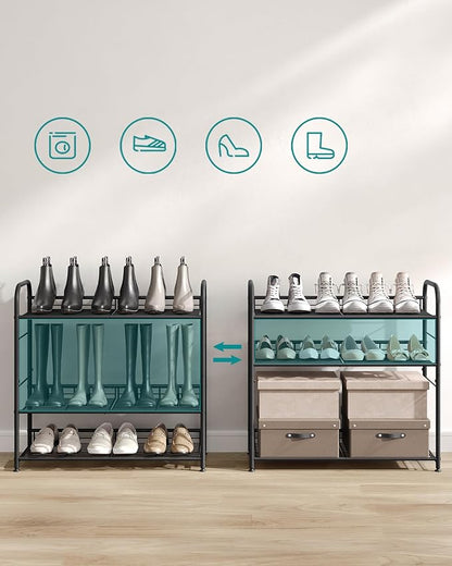 SONGMICS 4 Tier Shoe Rack, Stackable Storage Rack, Up to 16 Pairs, Metal, 68.5 x 27.5 x 65 cm, for High Heels, Sneakers, Slippers, in Entrance, Black LMR067B01