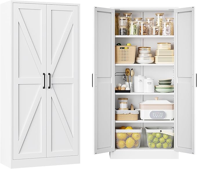 Metal White Storage Cabinet with 2 Doors and 4 Adjustable Shelve, 61" Tall Kitchen Pantry cabinets, Farmhouse Food Pantry Cabinet,5 Tier Freestanding Barn Door Cupboard for Kitchen Dining/Living Room