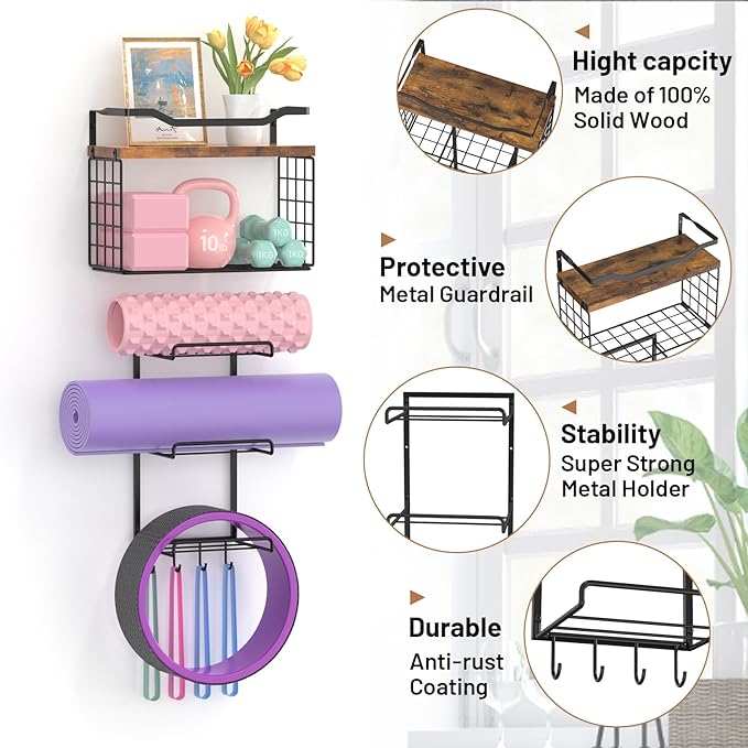 6-Tiers Yoga Mat Holder Wall Mount with Wood Floating Shelves, Yoga Mat Storage Rack Home Gym Accessories with Hooks for Hanging Stretching Strap & Resistance Bands, Yoga Room/Home Gym Decor