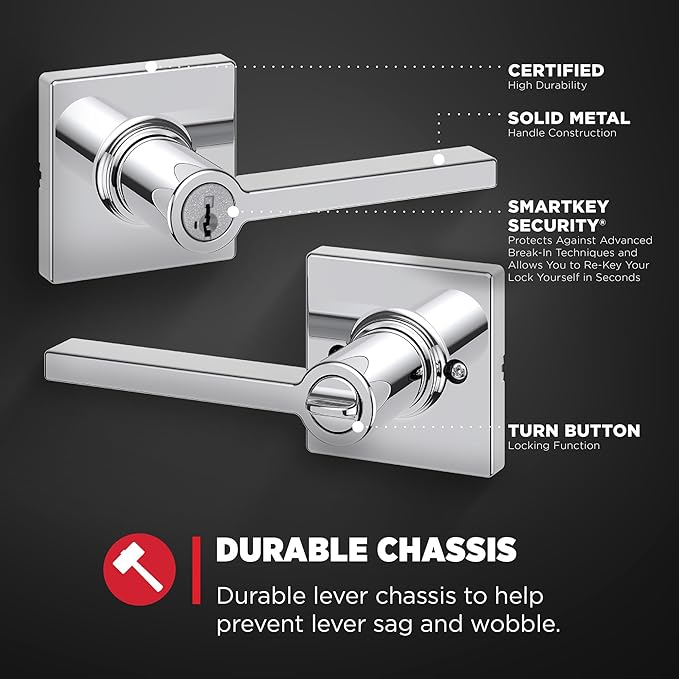 Kwikset Casey Entry Door Handle with Lock and Key, Secure Keyed Reversible Lever Exterior, for Front Entrance and Bedrooms, Polished Chrome, 4 Pack, Pick Resistant SmartKey Rekey Security