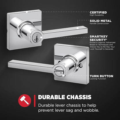 Kwikset Casey Entry Door Handle with Lock and Key, Secure Keyed Reversible Lever Exterior, for Front Entrance and Bedrooms, Polished Chrome, 4 Pack, Pick Resistant SmartKey Rekey Security